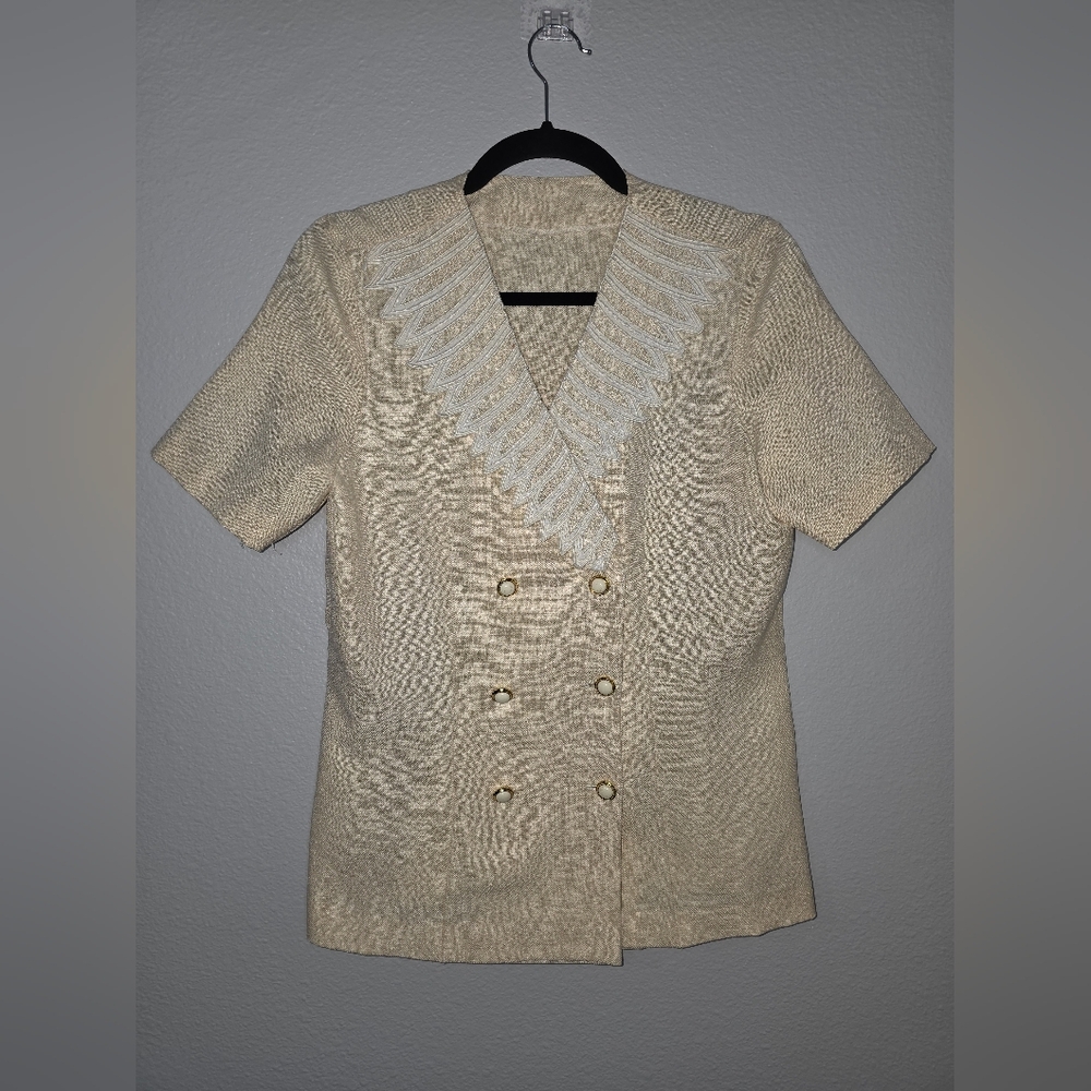 Cream Short Sleeve Blazer with Embroidered Detail With Skirt